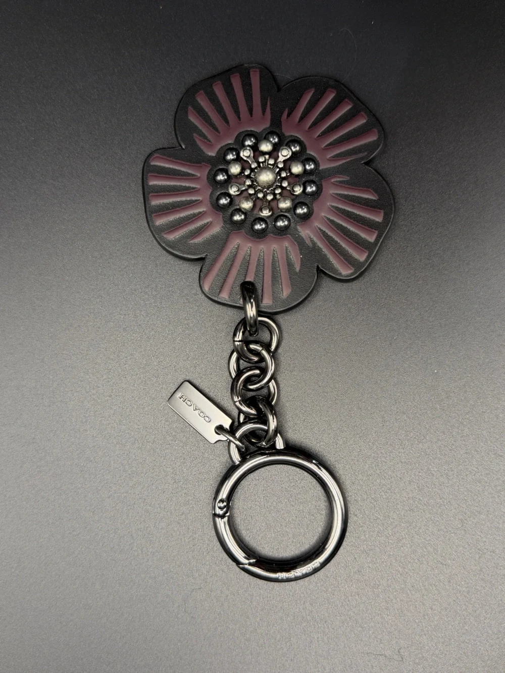 Coach Black Flower Leather Keyring with Metal Hardware